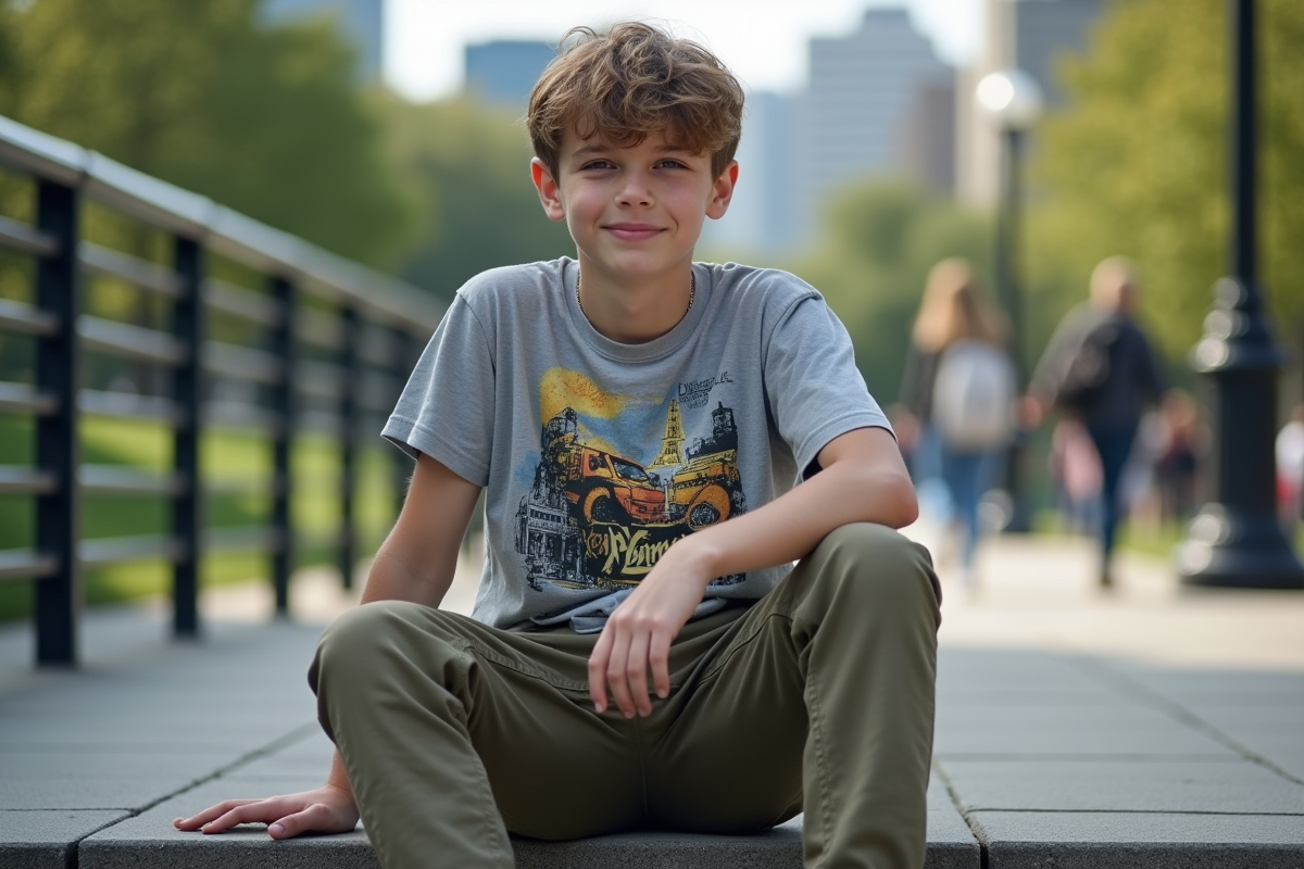 Adolescent assis sur des marches dans un parc urbain