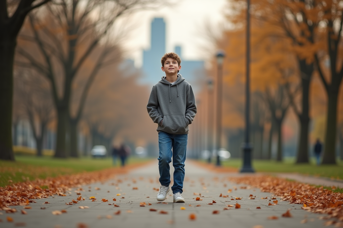 Adolescent dans un parc en automne regardant le ciel