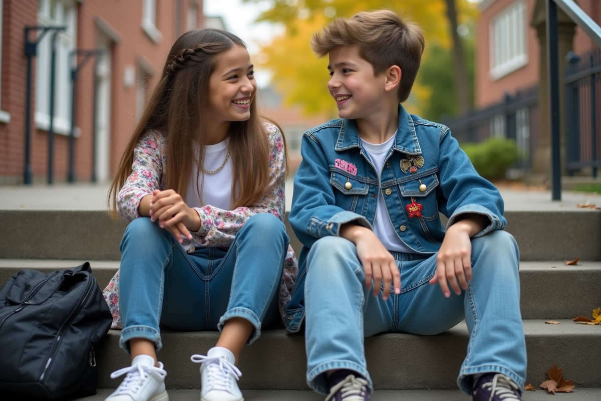 Adolescents assis sur les marches d une école en 1994