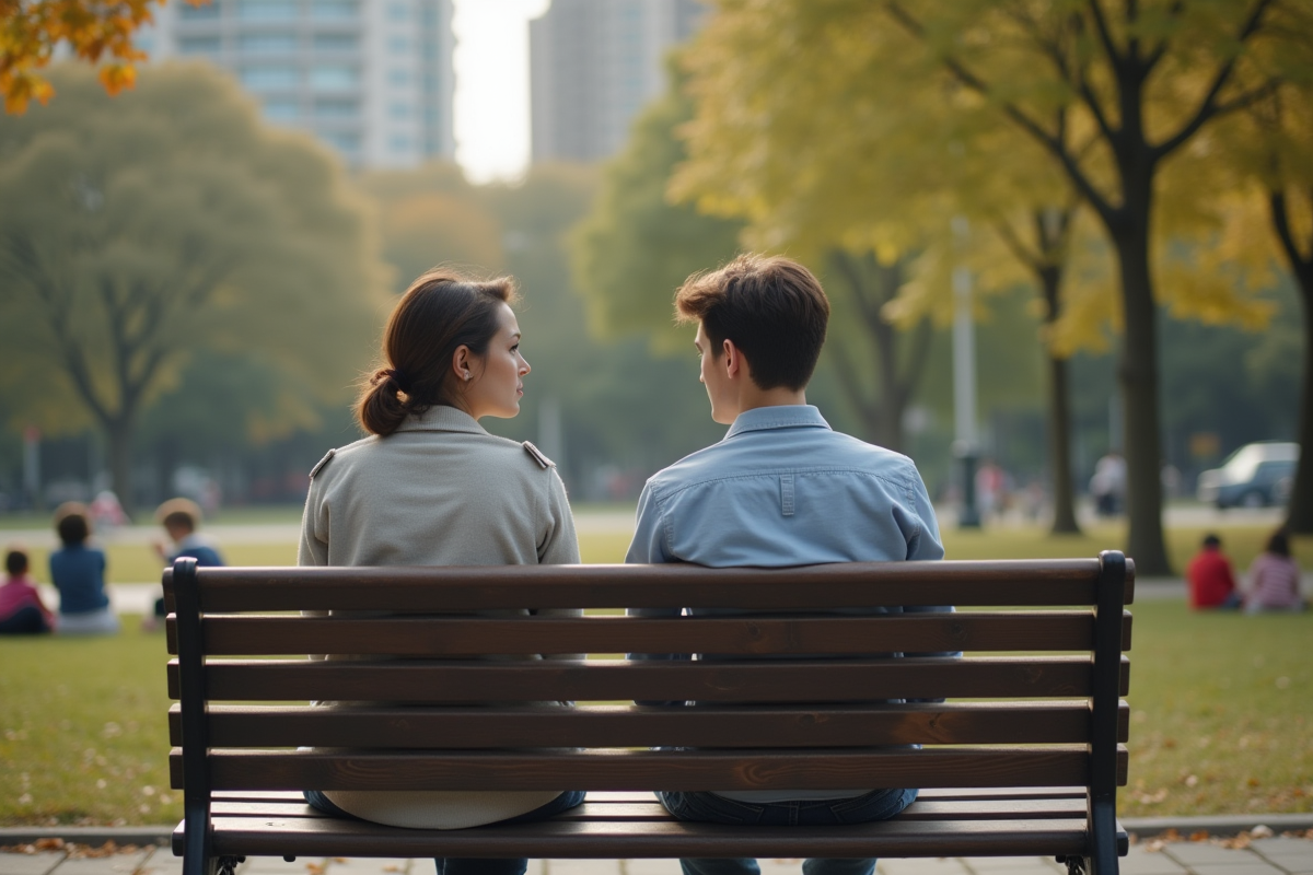 Adulte et jeune homme assis sur un banc de parc urbain