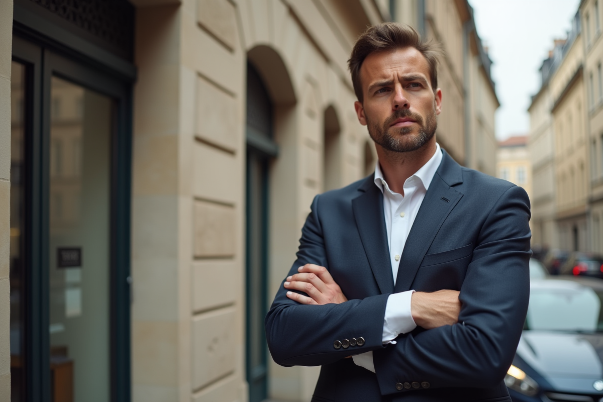 Agent immobilier devant un immeuble avec panneau vente