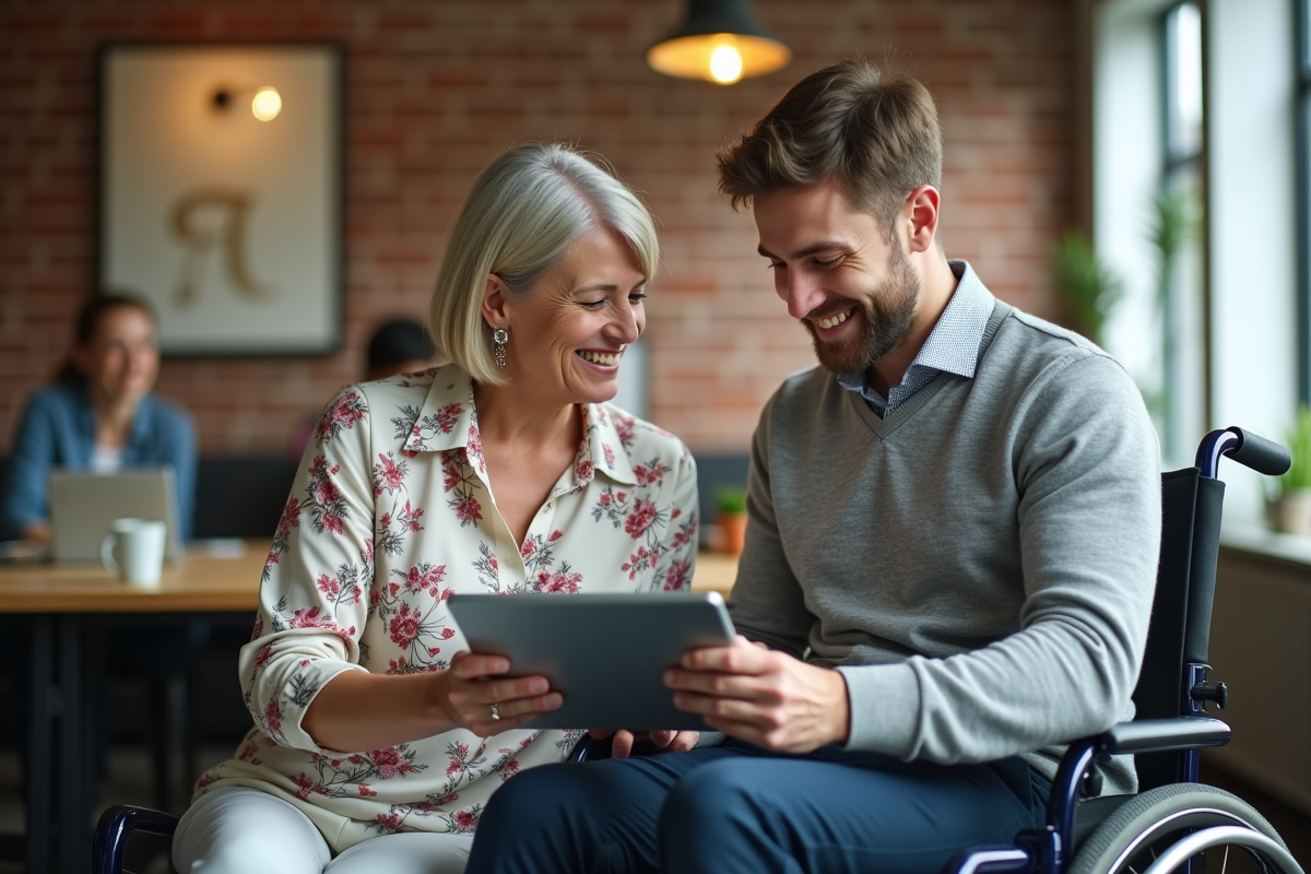 Femme souriante et jeune homme en fauteuil collaborant