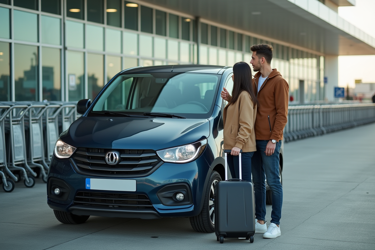 Jeune couple avec voiture de location à l