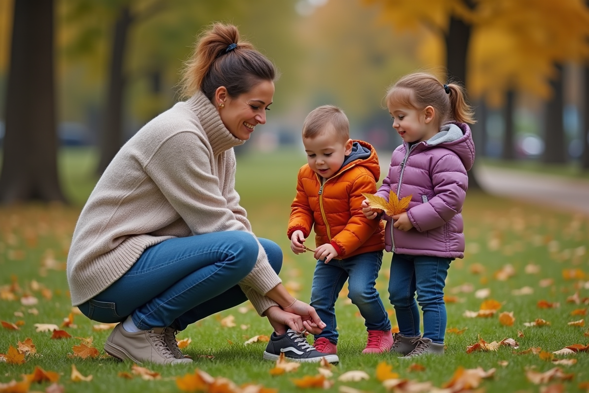 Enfant aidant à lacer ses chaussures dans un parc automnal
