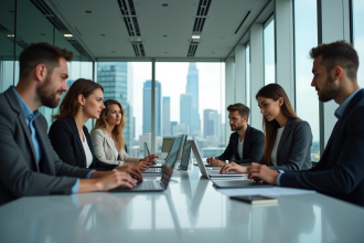 Groupe de jeunes professionnels en réunion dans un bureau moderne
