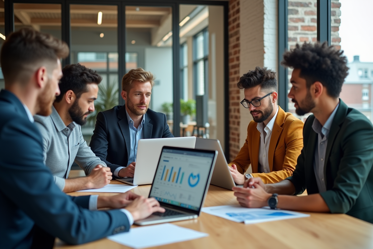 Equipe diverse travaillant sur projets numériques en réunion