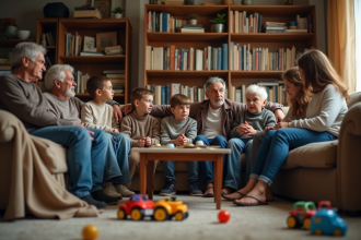 Famille multigenerationale réunie dans un salon modeste