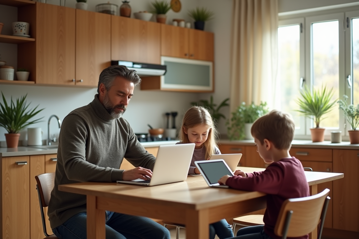 Famille avec enfants utilisant des tablettes à la maison