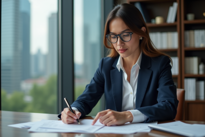 Femme d'affaires en costume navy dans un bureau moderne