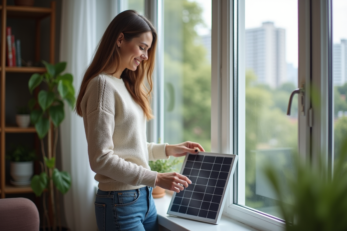 Jeune femme ajustant un petit panneau solaire à la fenêtre