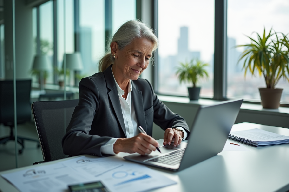 Femme senior analysant un calculateur de pension sur son ordinateur