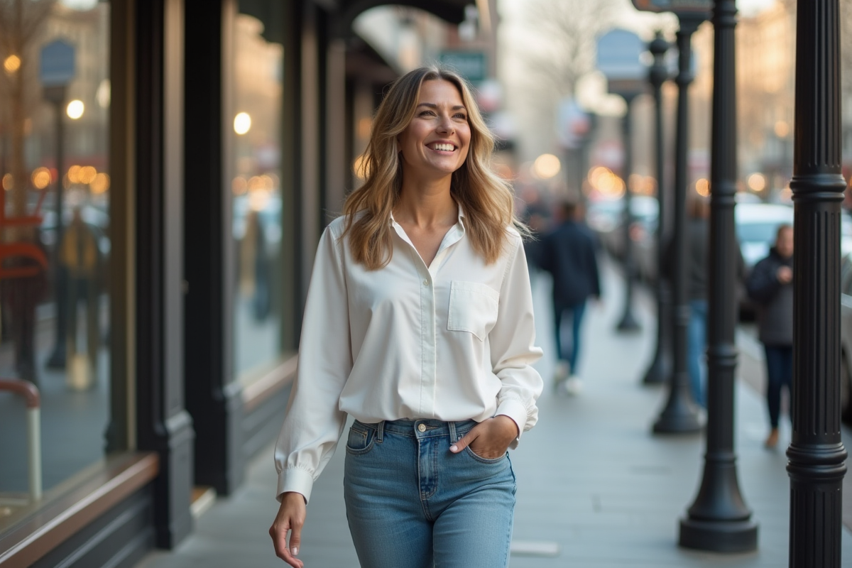 Femme décontractée marchant dans une rue urbaine animée