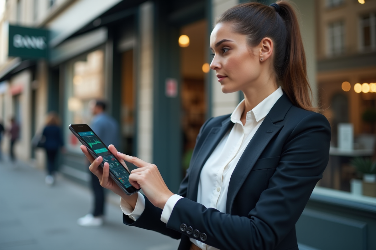 Jeune femme française vérifiant les taux de prêt immobilier devant une banque