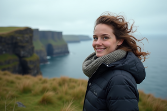 Jeune femme sur une falaise aux Faroe Islands