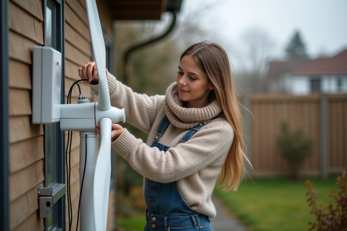 Jeune femme connecte un petit turbine eolienne dans un jardin