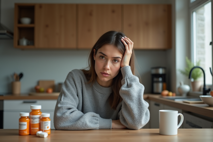 Femme fatigu&eacute;e en sweater gris dans la cuisine