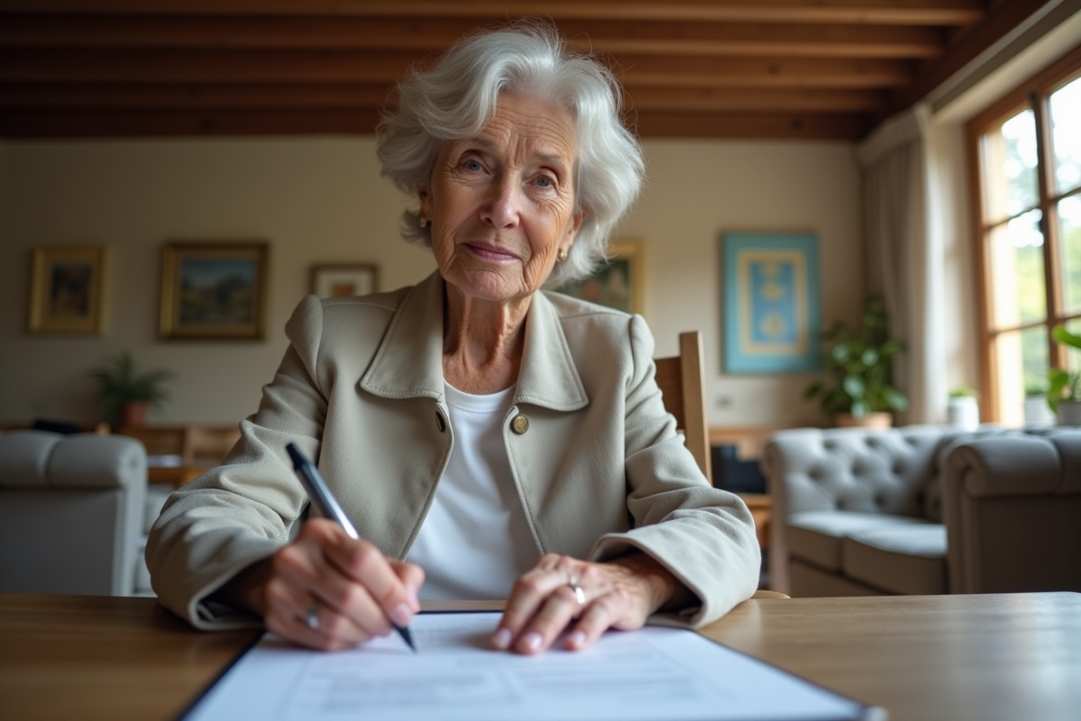 Femme senior lisant des documents dans une maison chaleureuse