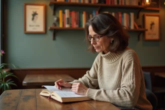 Femme française lisant dans un café parisien chaleureux