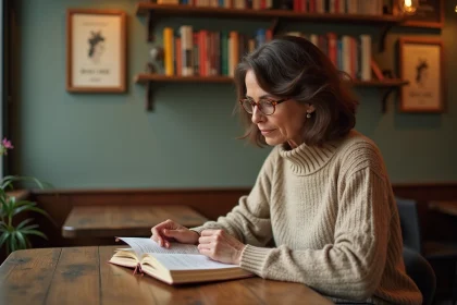 Femme fran&ccedil;aise lisant dans un caf&eacute; parisien chaleureux
