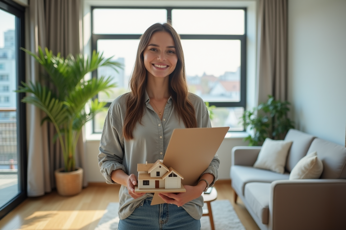 Jeune femme souriante tenant une maquette de maison