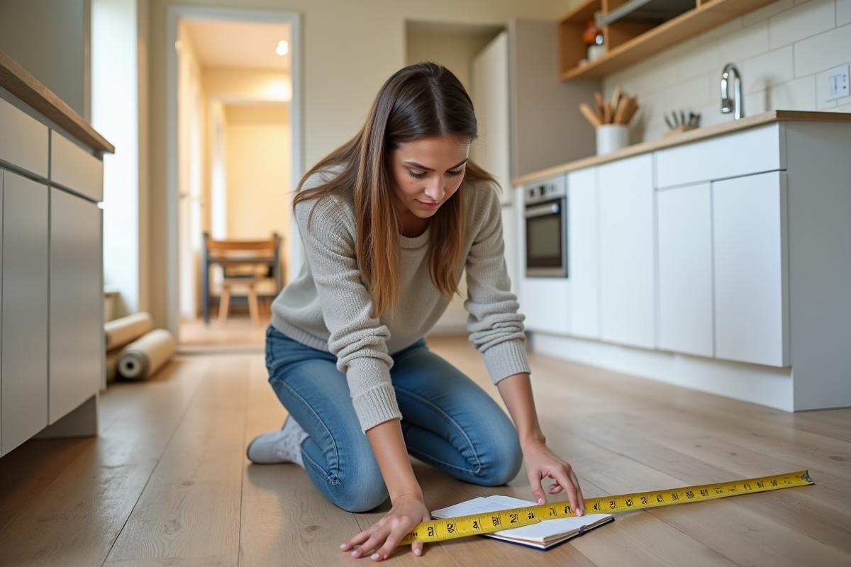 Jeune femme mesurant avec un ruban dans une cuisine en rénovation
