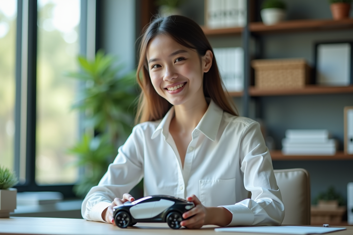 Jeune femme tenant une maquette de voiture à hydrogène en intérieur