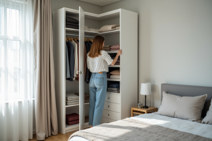 Femme arrangeant des v&ecirc;tements dans un placard moderne