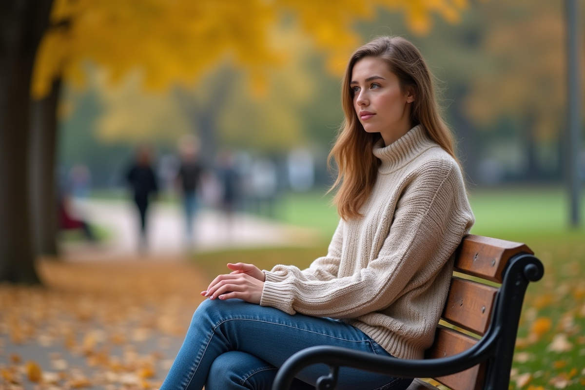 Jeune femme assise sur un banc dans un parc automnal
