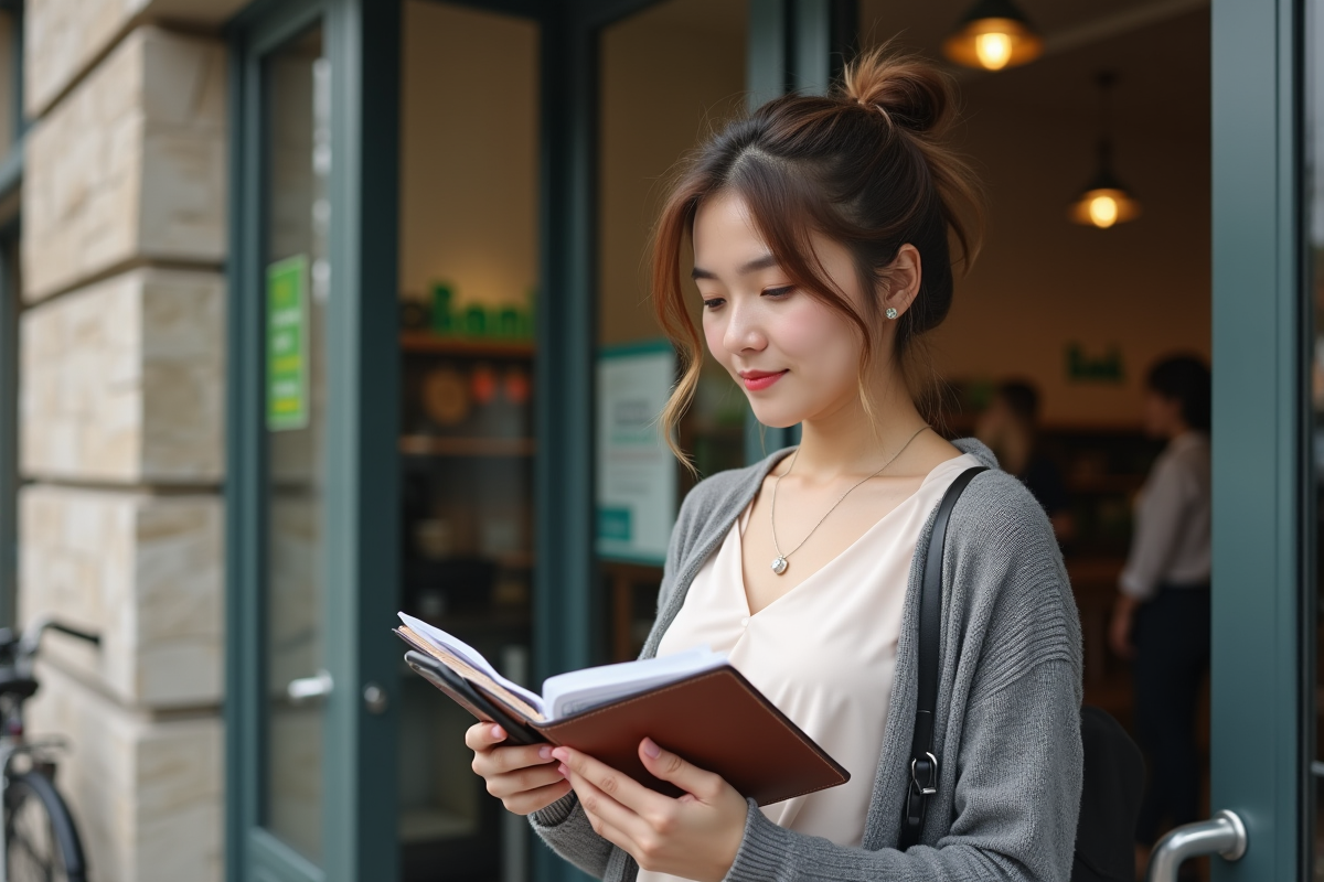 Jeune femme vérifiant son smartphone devant une banque