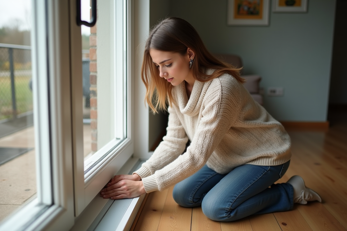 Jeune femme scellant une fenêtre avec du ruban isolant dans un salon lumineux