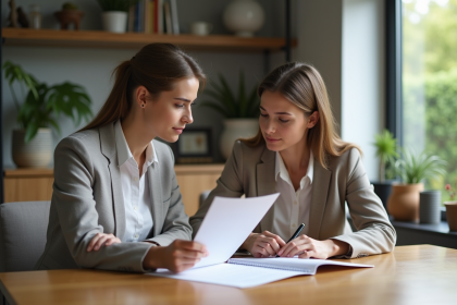 Femme d'&acirc;ge moyen et jeune adulte discutant documents &agrave; table