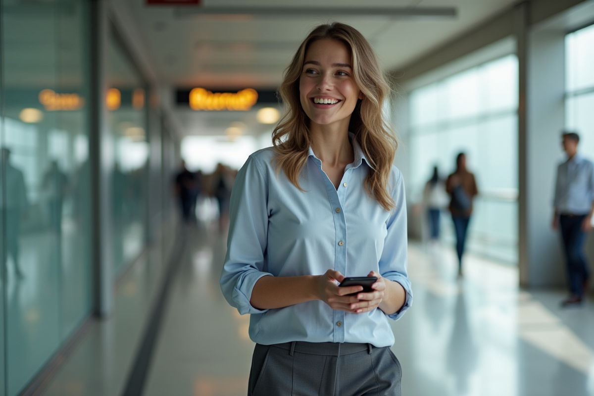 Jeune femme souriante dans une station de transport moderne