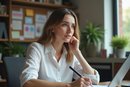 Femme concentrée esquissant une stratégie marketing dans un bureau