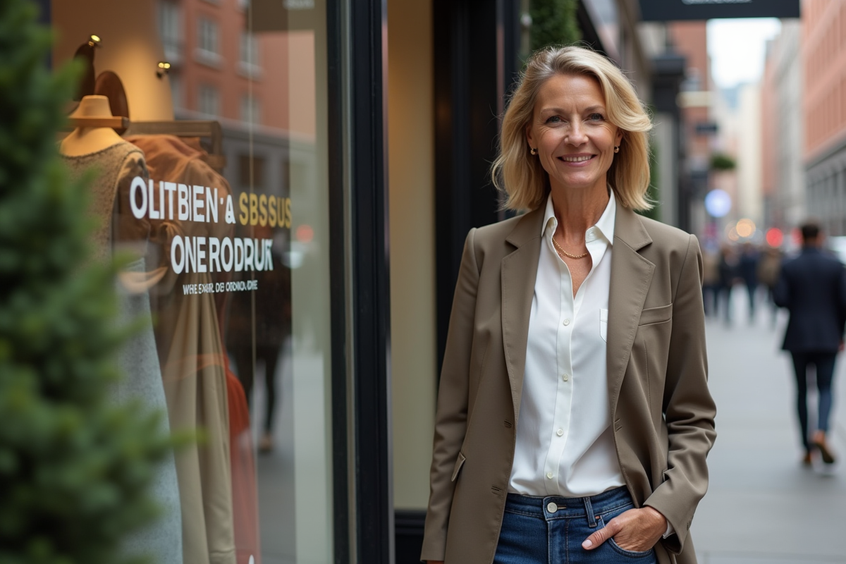 Femme en blazer coton bio devant une vitrine de produits durables