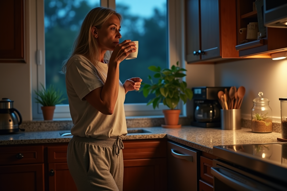 Femme en tenue confortable buvant du thé dans la cuisine