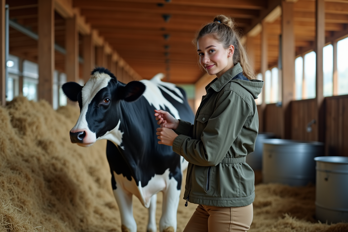 Jeune femme guidant une vache dans une ferme