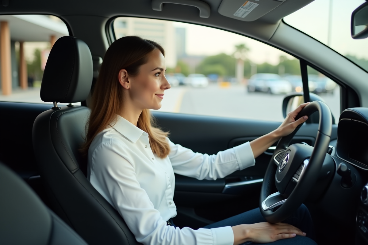 Jeune femme dans la voiture en milieu urbain avec parking et centre commercial