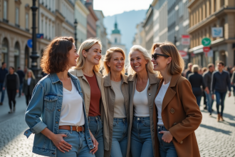 Groupe de femmes diverses dans une rue urbaine européenne
