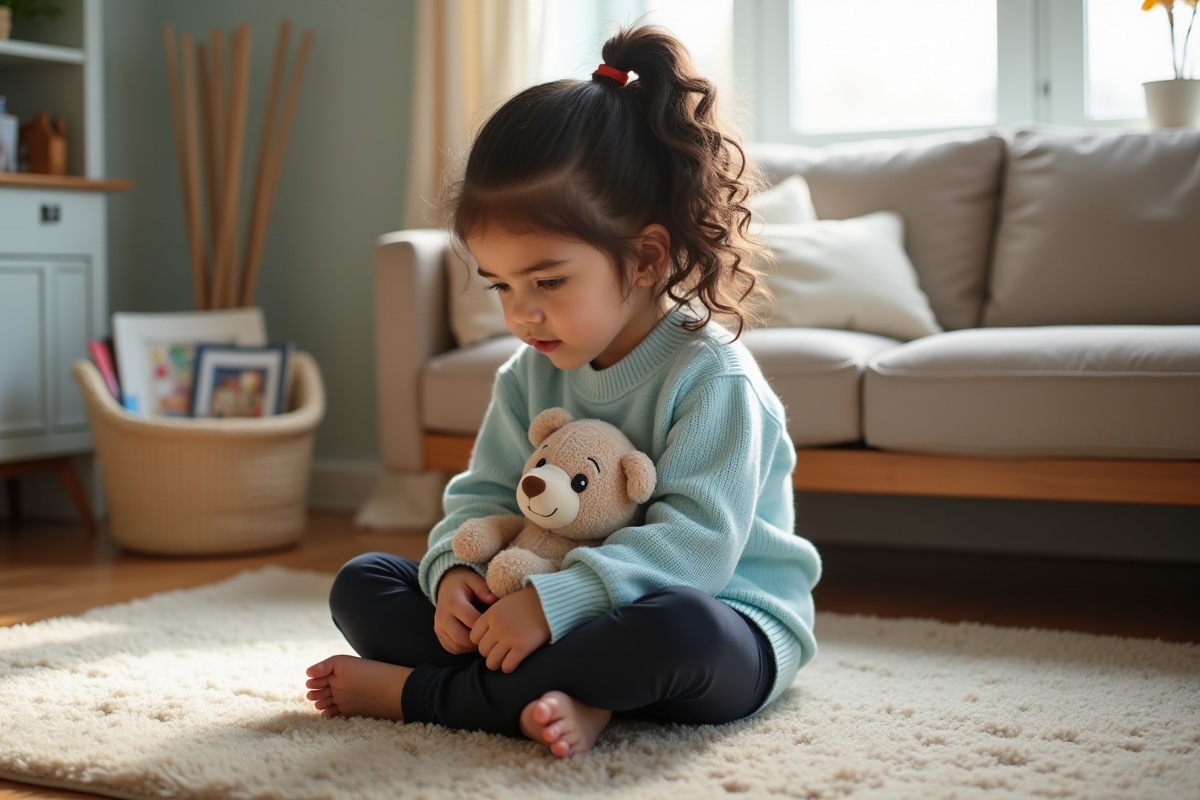 Fille de 6 ans avec peluche dans un salon lumineux