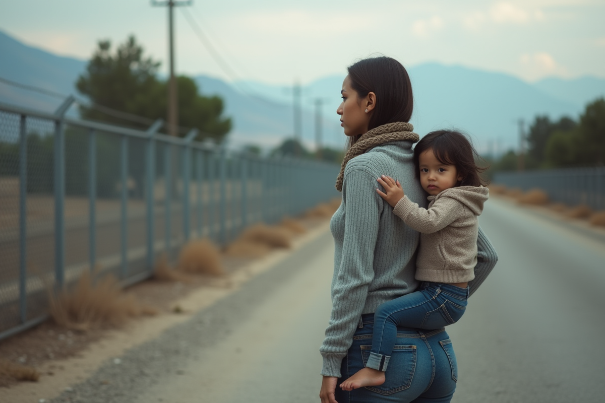 Jeune femme avec enfant en attente à la frontière