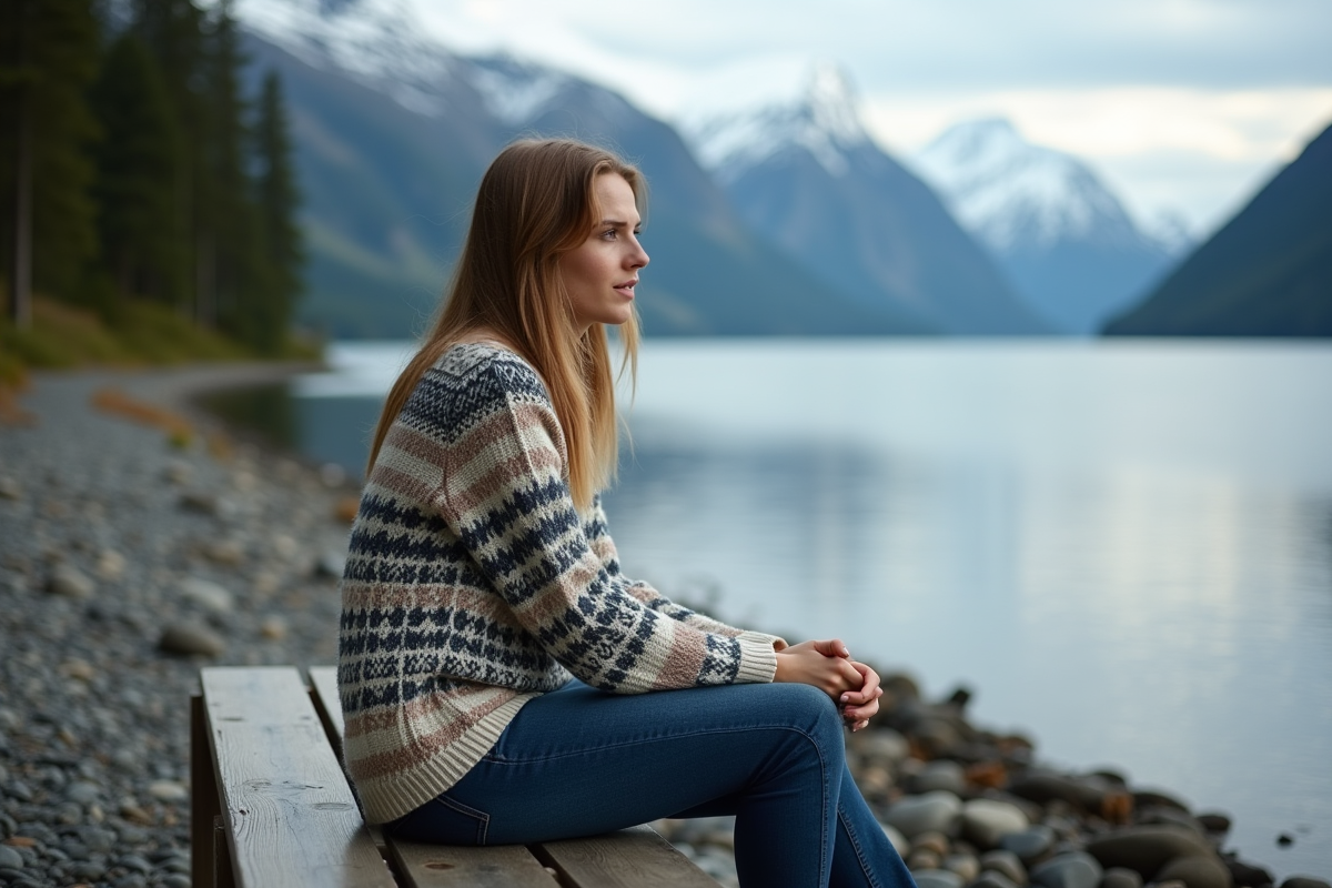 Jeune femme norvegienne contemplant le fjord