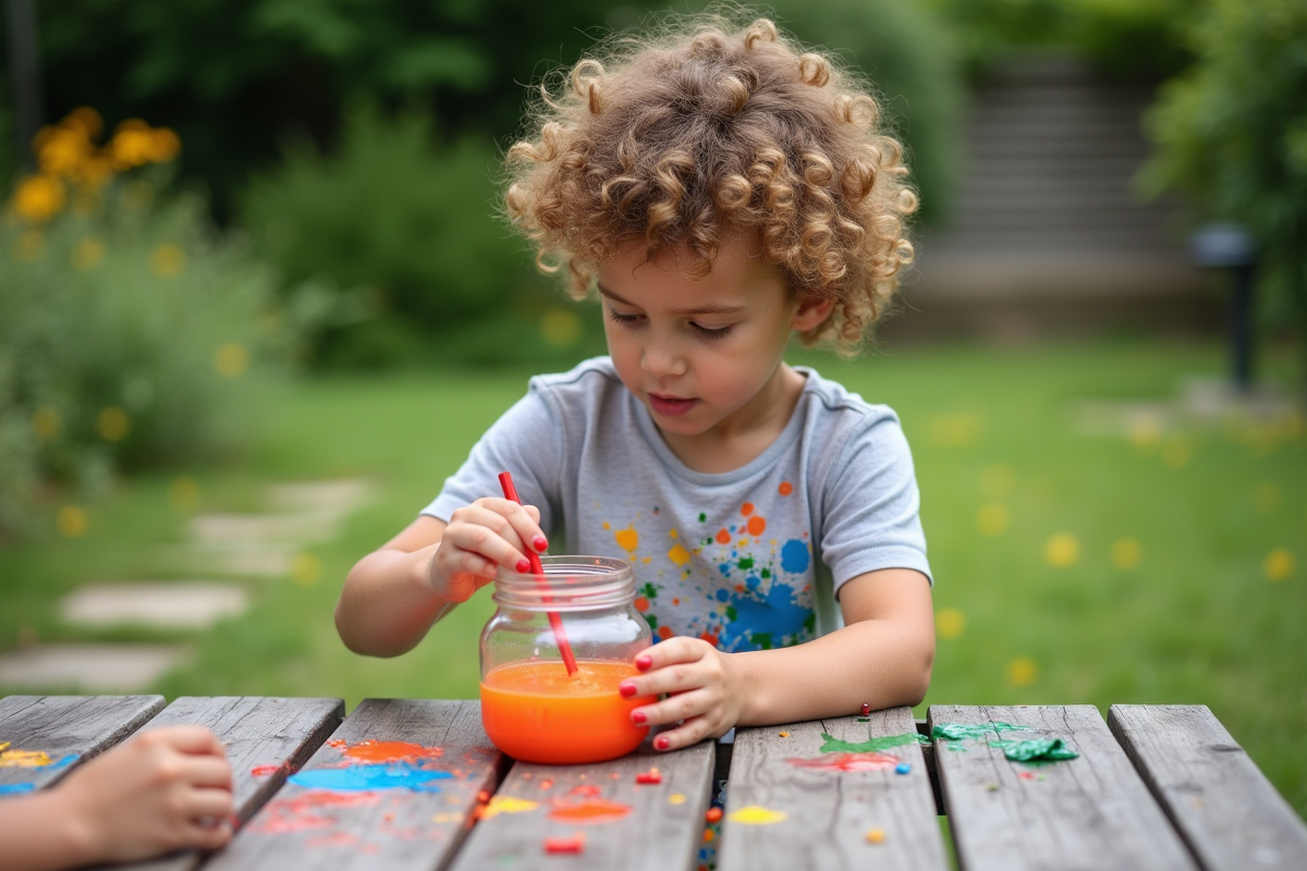 Jeune garçon avec t-shirt peint en train de mélanger des peintures maison