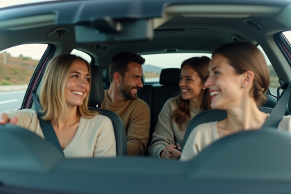 Quatre amis souriants dans une voiture moderne