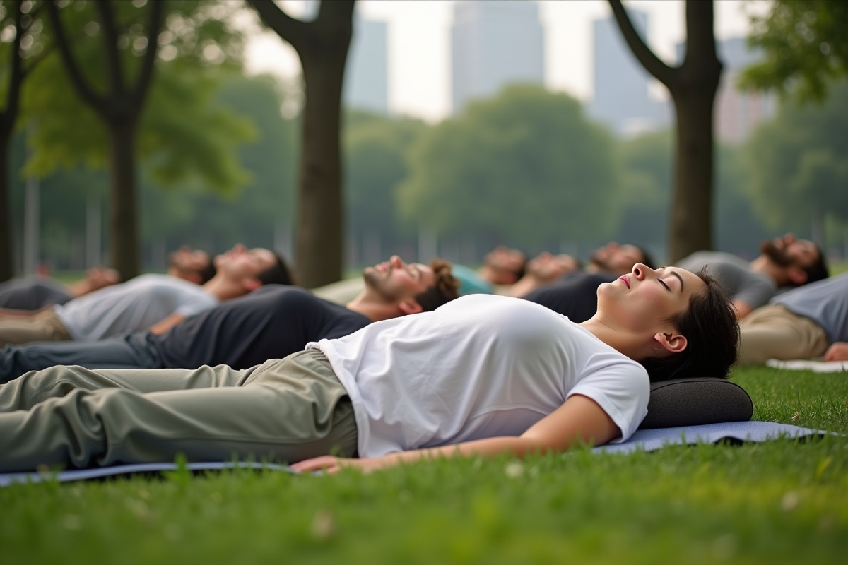 Groupe de personnes en respiration dans un parc vert