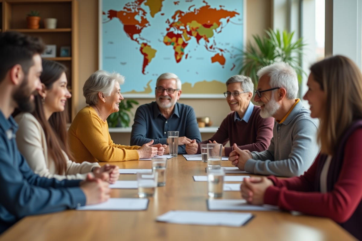 Groupe diversifié de jeunes et seniors en discussion