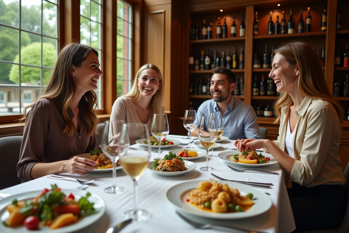 Groupe de convives discutant autour d un repas élégant