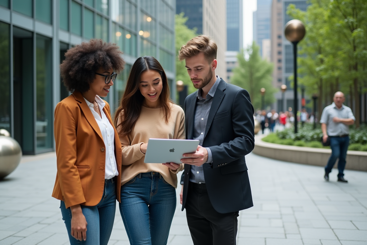 Jeunes discutant devant un bâtiment financier moderne