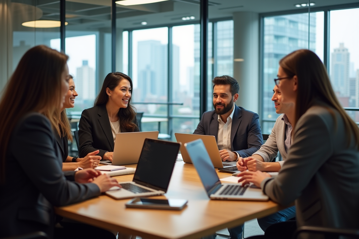 Groupe divers de professionnels en discussion dans un espace lumineux
