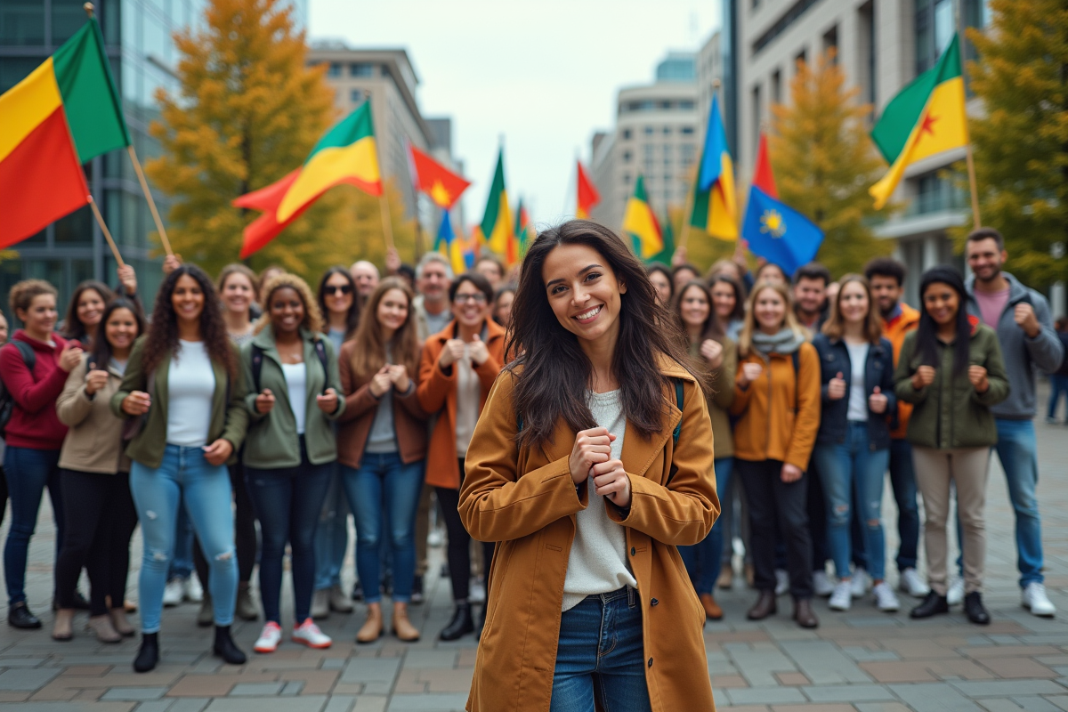 Groupe diversifié de personnes dans une place urbaine moderne