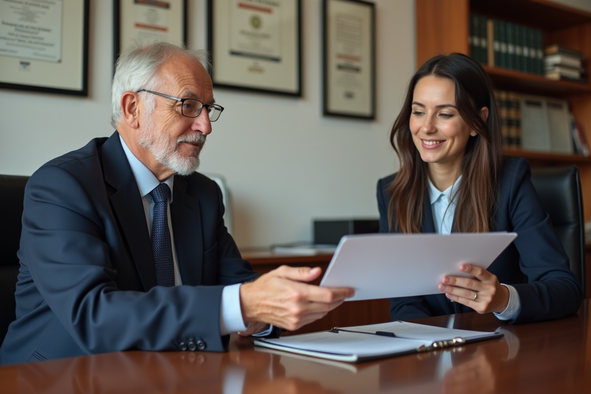 Homme en costume noir remettant un dossier à une jeune femme